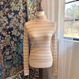 Sky and Sparrow Pastel Blue and Yellow Candy Striped Beige Turtleneck Sweater